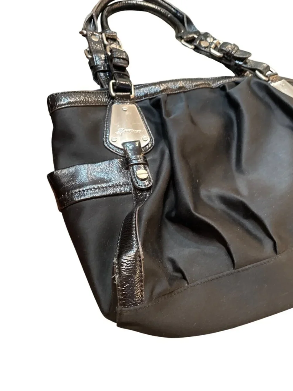 B Makowsky wms Vtg black leather canvas silver hobo shoulder handbag SKU 10537